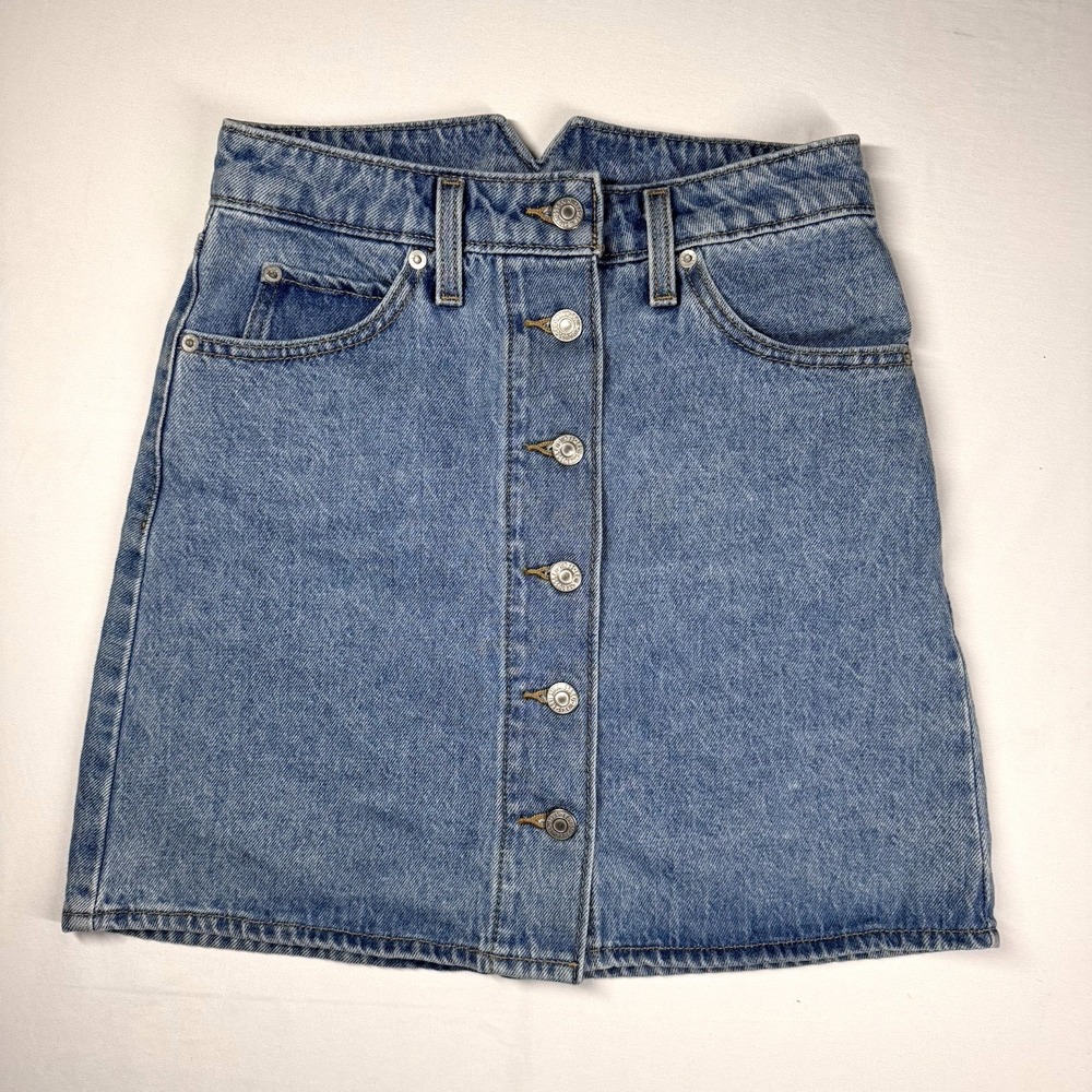 Levis Button Front Denim Mini Skirt Size 24 XS Notch Back‎ A-Line Preppy Retro